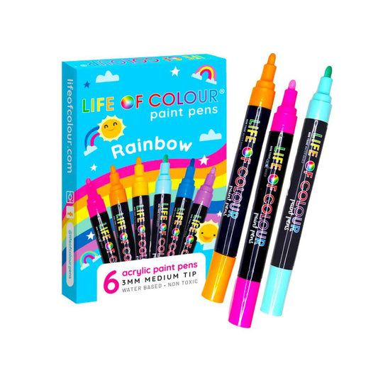 Rainbow Colours 3mm Medium Tip Acrylic Paint Pens – Set of 6
