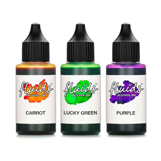Fluids Alcohol Ink Set, CARROT ORANGE LUCKY GREEN, PURPLE
