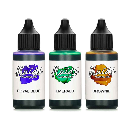 Fluids Alcohol Ink Set 3x 30ml - ROYAL BLUE, EMERALD, BROWNIE