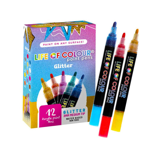 Glitter 3mm Medium Tip Acrylic Paint Pens - Set of 12